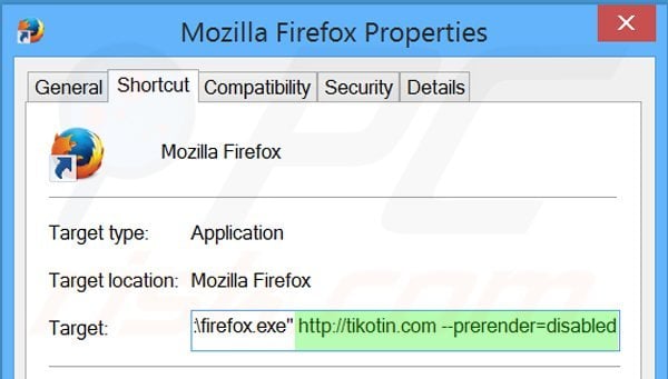  Removendo tikotin.com do atalho do Mozilla Firefox passo 2