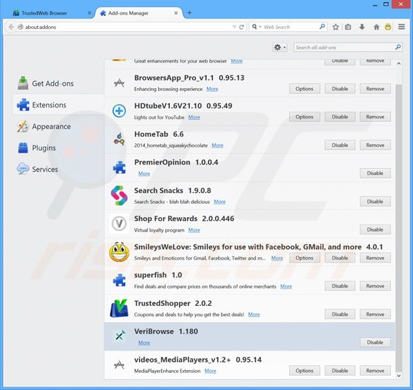 Remova os anúncios VeriBrowse do Mozilla Firefox passo 2