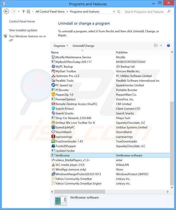 desinstalar o adware VeriBrowse via Painel de Controlo