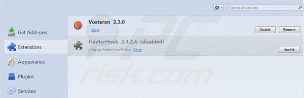 Remoção de extensões relacionadas vosteran.com do Mozilla Firefox