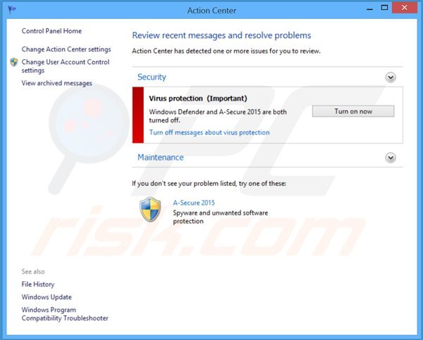A-Secure 2015 a mostrar um Centro de Ação Windows falso