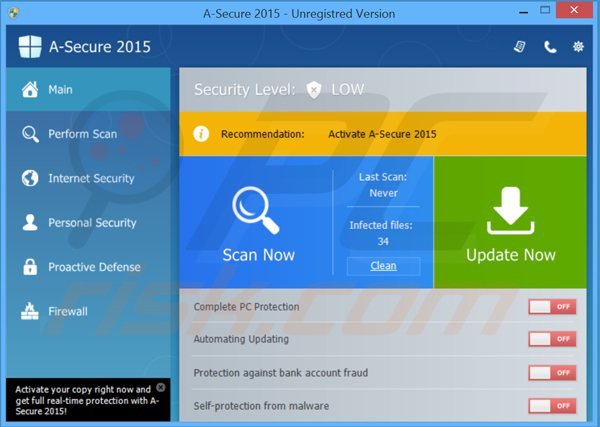 janela principal antivirus falsa a-secure 2015