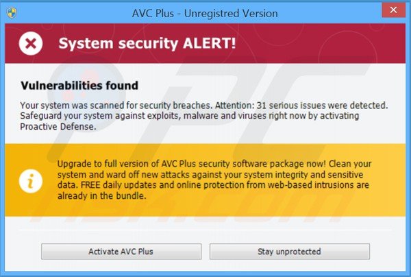 Mensagens de aviso de segurança falsas indicadas por AVC Plus