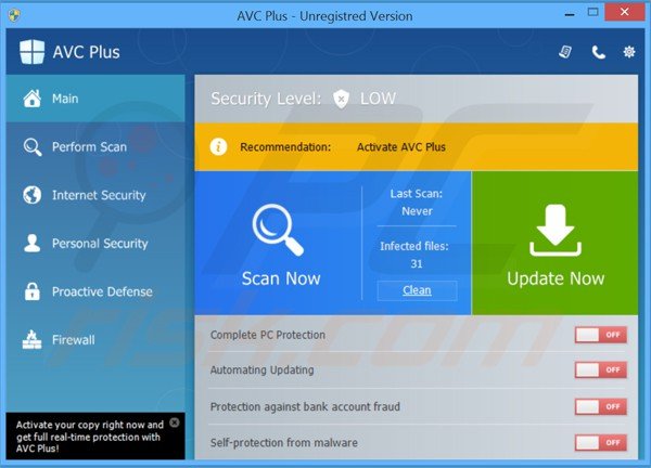 janela principal do antivirus falso avc plus