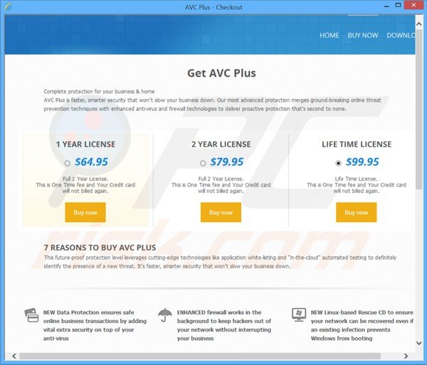 O website fraudulento usado para recolher pagamentos de chaves de licença do antivirus avc plus falso