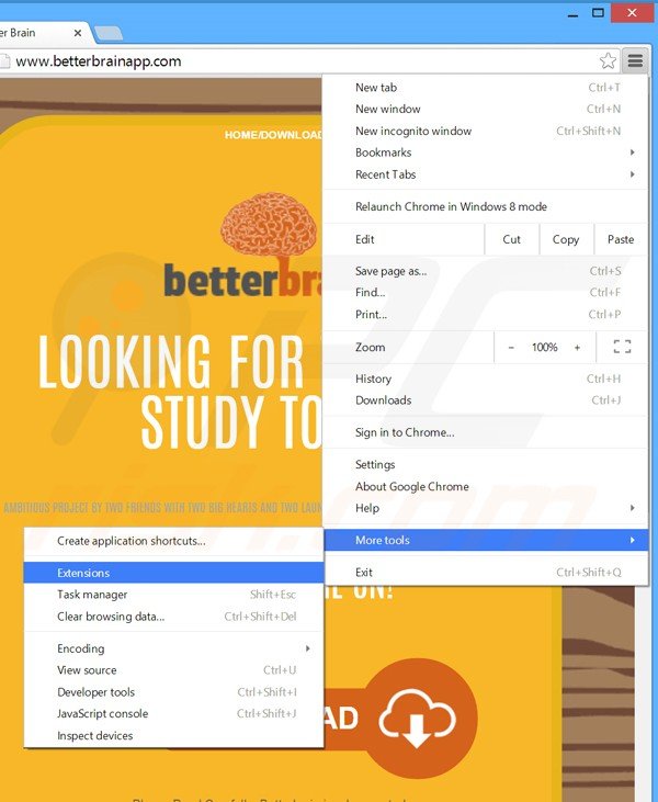 Removendo os anúncios BetterBrain do Google Chrome passo 1