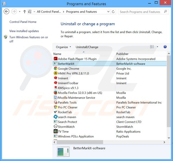 desinstalar o adware bettermarkit via Painel de Controlo