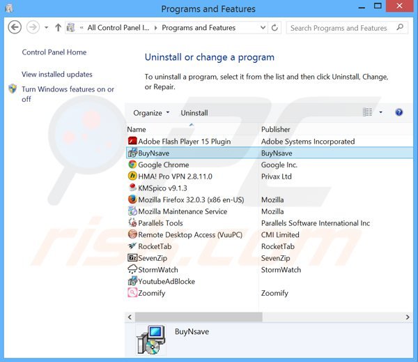 desinstalação do adware buynsave através do Painel de Controlo