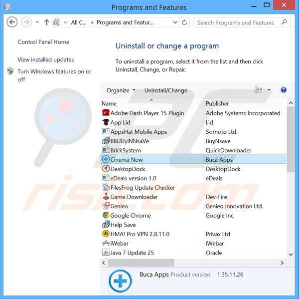 desintalar o adware cinema now através do Painel de Controlo