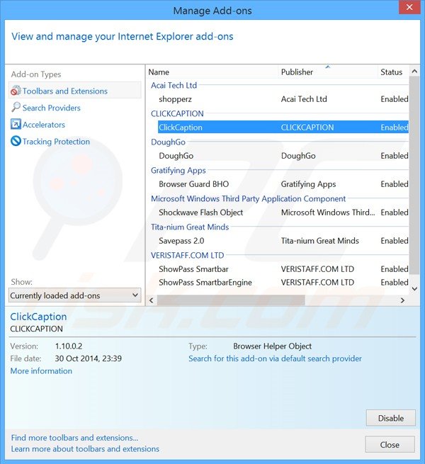 Remova os anúncios Click Caption do Internet Explorer passo 2