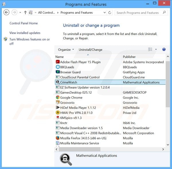 Desinstalar o adware crimewatch via Painel de Controlo