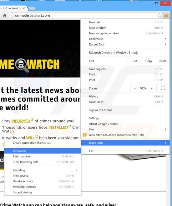 Removendo os anúncios Crime Watch do Google crome passo 1