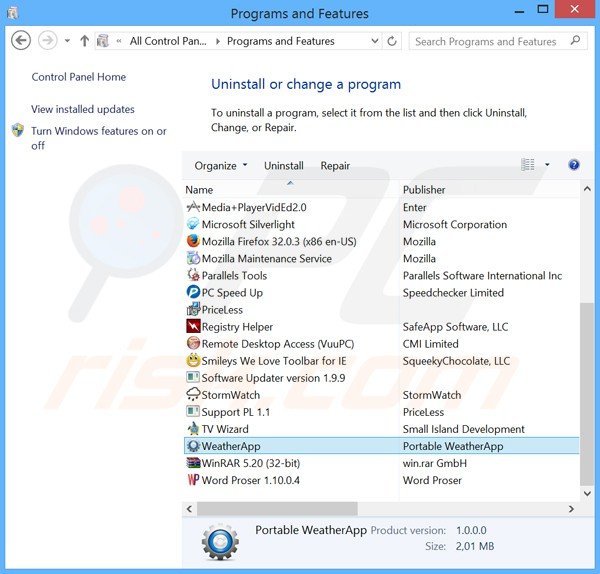 desinstalar o adware currentweatheralert através do Painel de Controlo