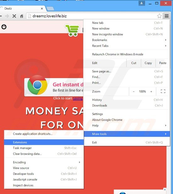 Remova os anúncios Dealz do Google Chrome passo 1