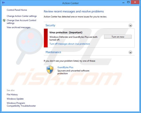 GuardBytes Plus a mostrar um Centro de Ação Windows falso
