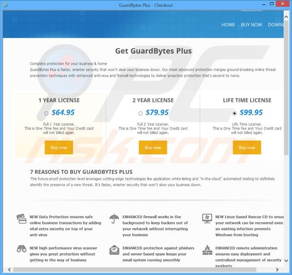 Website fraudulento usado vendendo mais chaves falsas de licença do antivirus guardbytes