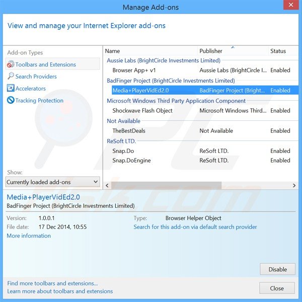 Removendo os anúncios media player enhance do Internet Explorer passo 2