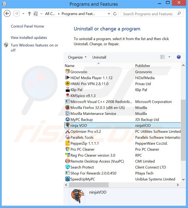 desinstalação do adware ninjavod através do Painel de Controlo