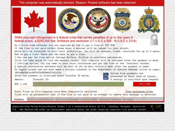 ransomware Pirated software has been detected a visar utilizadores de computador do Canadá