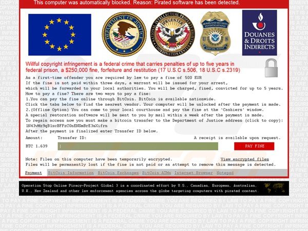 ransomware Pirated software has been detected a etiquetar utilizadores de PC que vivem na UE