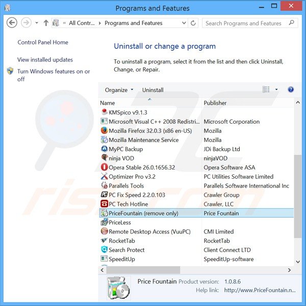 desinstalar o adware pricefountain via Painel de Controlo