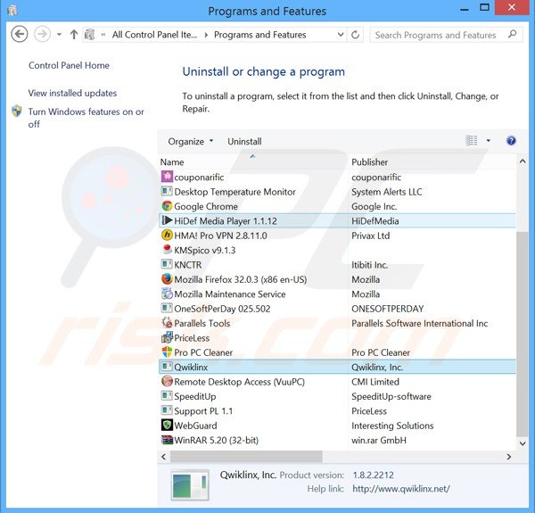 desinstalar o adware QwikLinx via Painel de Controlo