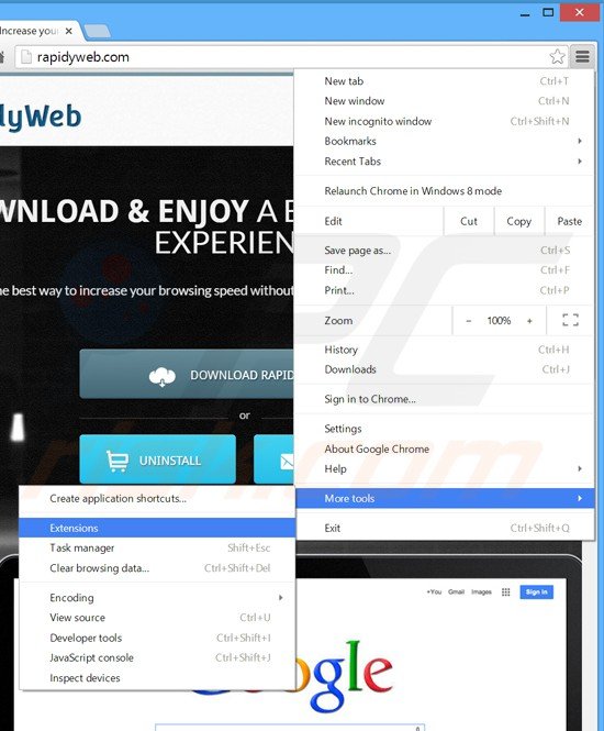 Remova os anúncios rapidywebie do Google Chrome passo 1