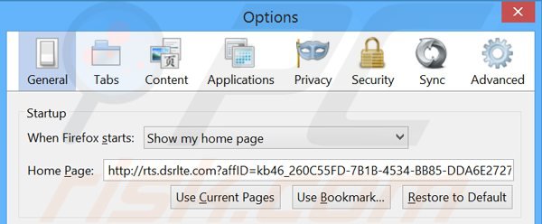 Removendo a página inicial rts.dsrlte.com do Mozilla Firefox