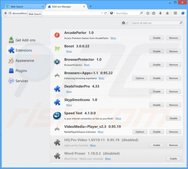 Removendo as extensões relacionadas a searchalgo.com do Mozilla Firefox