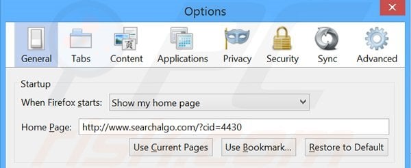 Remover a página inicial searchalgo.com do Mozilla Firefox