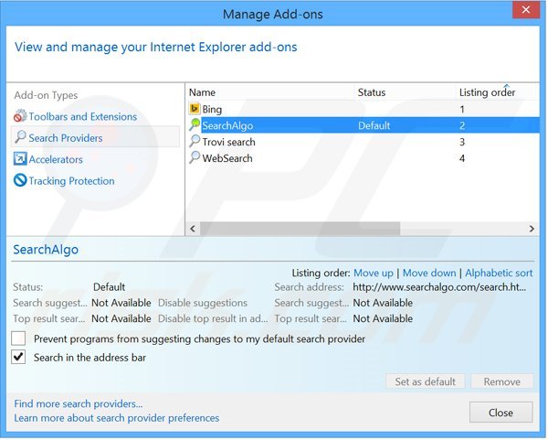 Removendo a motor de busca inicial searchalgo.com do Internet Explorer