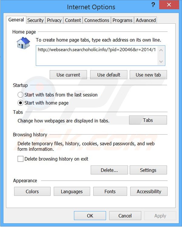 Removendo o redirecionamento websearch.searchoholic.info da página inicial do Internet Explorer