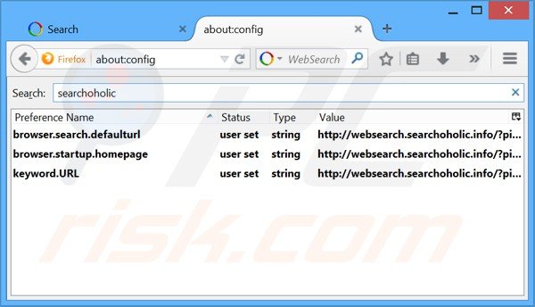 Removendo searchoholic das configurações do motor de busca padrão do Mozilla Firefox