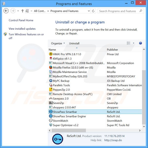 showpass smartbar browser hijacker uninstall via Control Panel