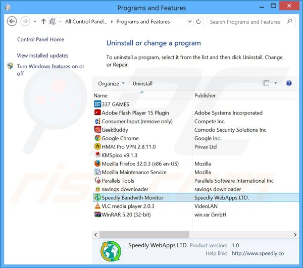 desinstalar o adware Speedly via Painel de Controlo