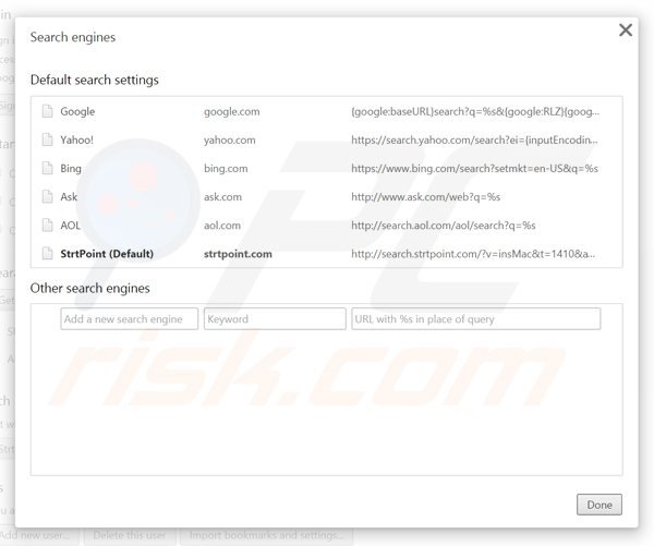 Removendo search.strtpoint.com do motor de busca padrão do Google Chrome