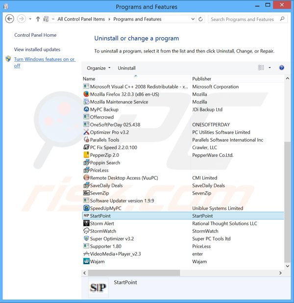 desinstalar o sequestrador de navegador search.strtpoint.com via Painel de Controlo