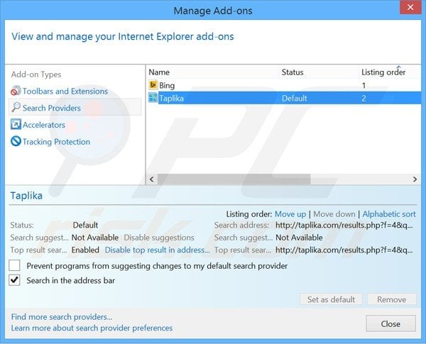 Removendo a motor de busca inicial taplika.com do Internet Explorer