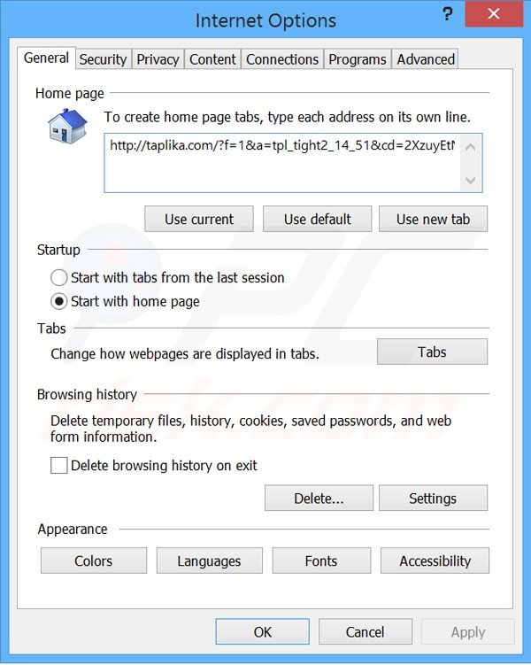 Removendo a página inicial taplika.com do Internet Explorer