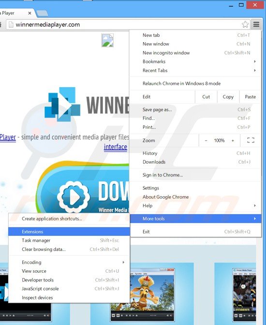 Remova os anúncios Winner Media Player do Google Chrome passo 1