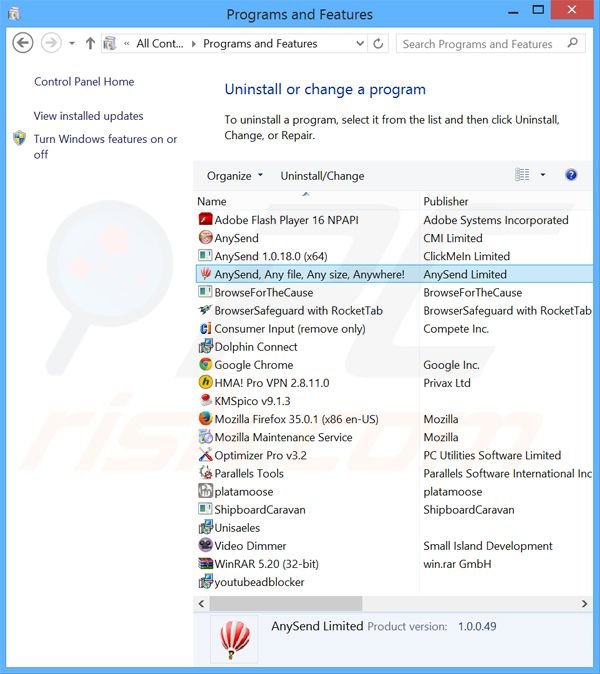 desinstalar o adware AnySend via Painel de Controlo