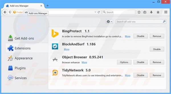 Removendo as extensões relacionadas a BingProtect do Mozilla Firefox