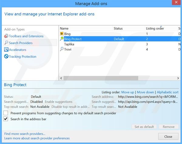 Removendo o motor de busca inicial BingProtect do Internet Explorer