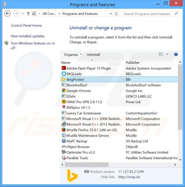 desinstalar o sequestrador de navegador BingProtect via Painel de Controlo
