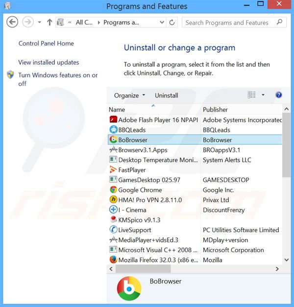 desinstalar o adware BoBrowser via Painel de Controlo