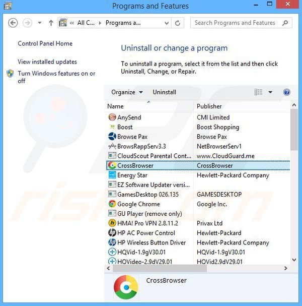 desinstalar o adware CrossBrowser via Painel de Controlo