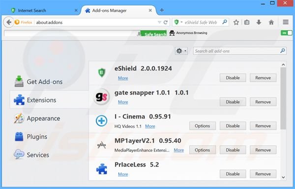 Removendo as extensões relacionadas a search.eshield.com do Mozilla Firefox