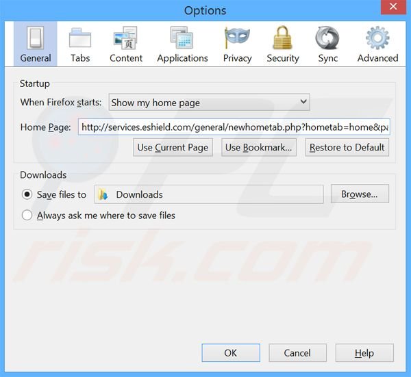 Removendo a página inicial search.eshield.com do Mozilla Firefox