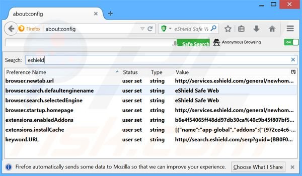 Removendo a página inicial search.eshield.com e motor de busca padrão do Mozilla Firefox