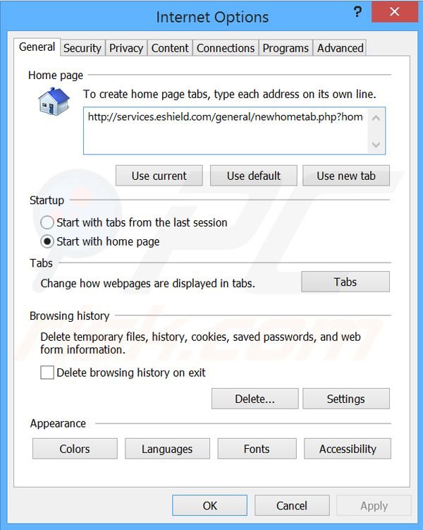 Removendo a página inicial search.eshield.com do Internet Explorer
